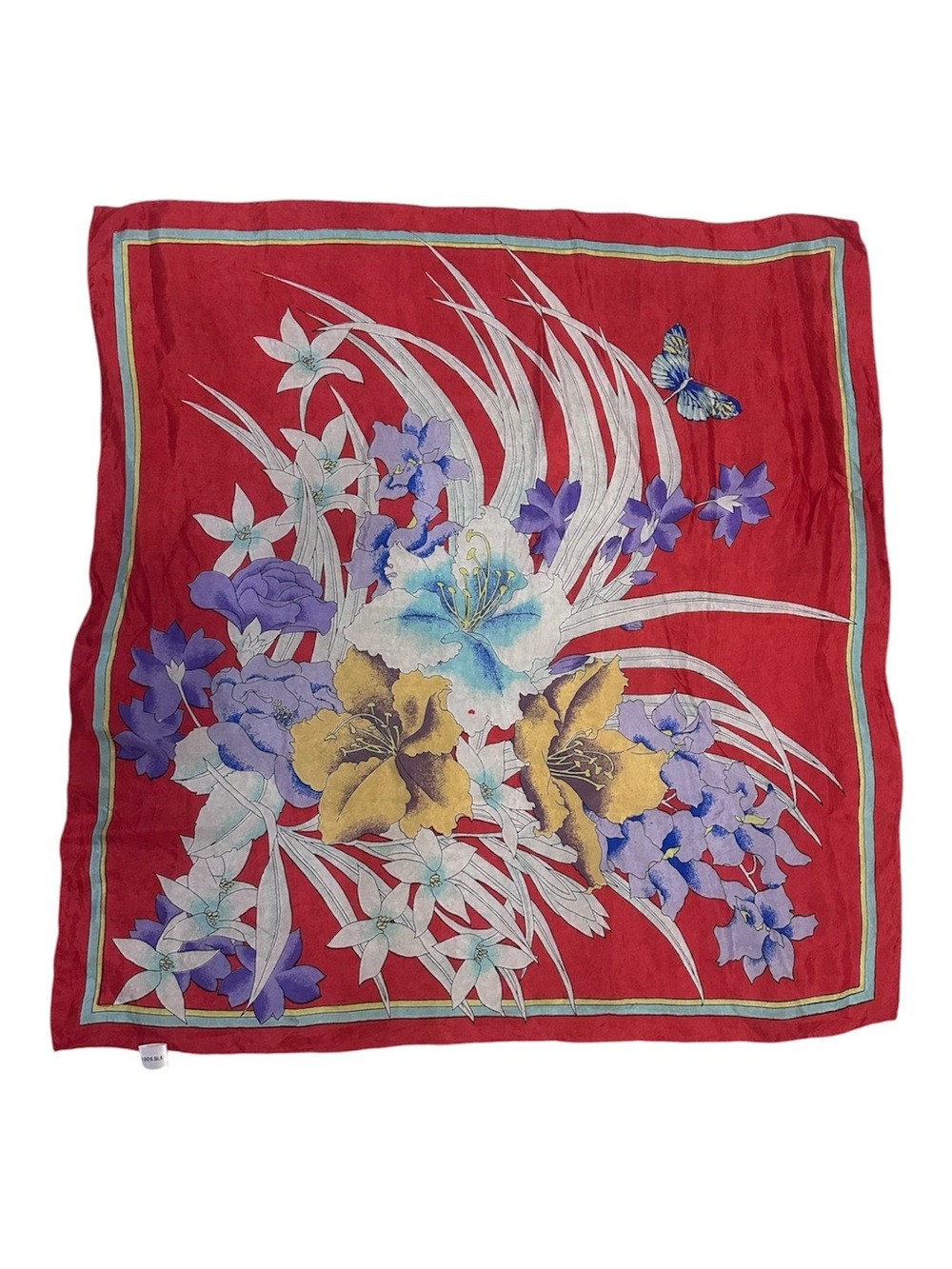 Floral Silk Scarf Red Hand Printed Hand Rolled Delicate Approx. 30 x 30